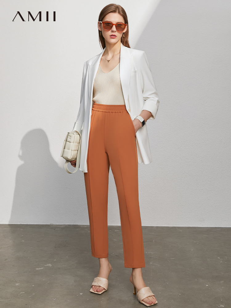 Amii Minimalism Summer Women's Pants Causal Solid Elastic Waist Straight Female Trouser Offical Lady Women's Suit Pants 12130229