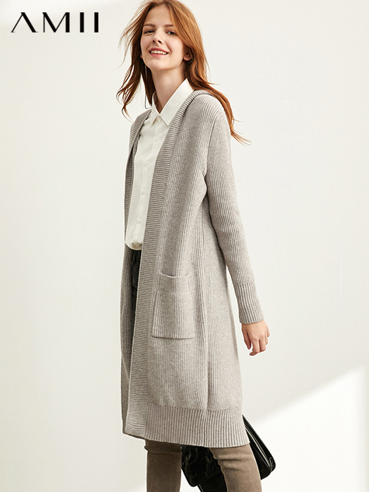 Amii Minimalism Spring Lazy Sweater Coat Women Fashion New Loose Hat Long Knitted Female Cardigan Tops  11940475