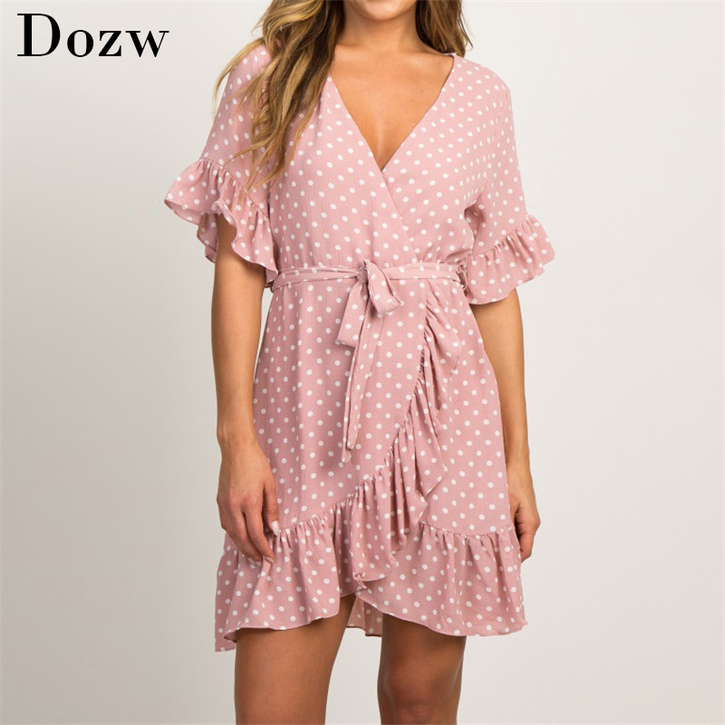 Summer Chiffon Dress 2022 Boho Style Beach Dress Fashion Short Sleeve V-neck Polka Dot A-line Party Dress Sundress Vestidos