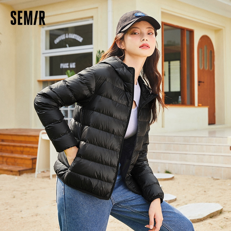 one dan SEMIR Down Jacket Women Light And Thin Hooded Windproof 2021 Winter New Black Technology Three-Proof Solid Jacket Fashion