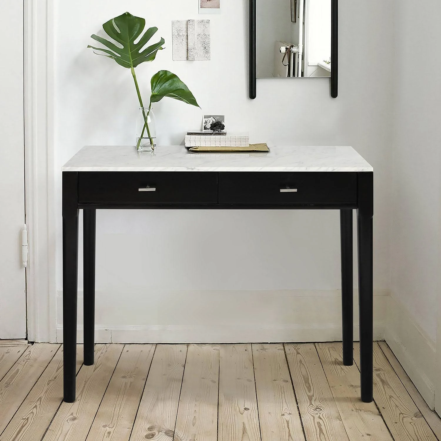 Meno 36x22 Rectangular Italian Carrara White Marble Console Table with Legs - Black