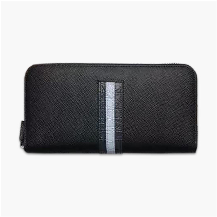 【原版皮】普拉达/Prada 拉链钱夹，选用十字纹小牛皮镶嵌彩带鳄鱼纹裁制而成，经典之作，简单时尚，款号：2ML317