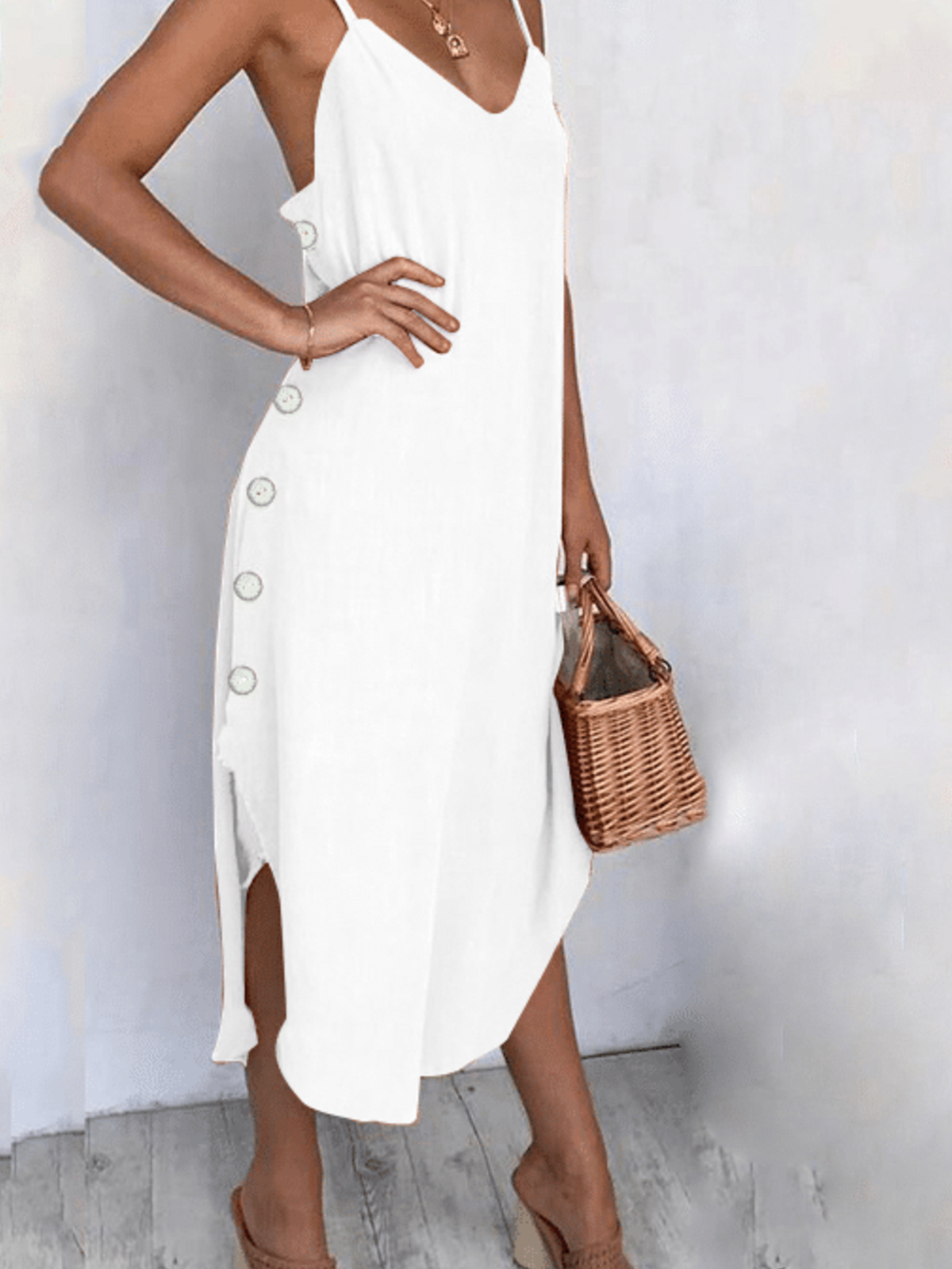 Spaghetti-Strap Cotton-Blend Solid Casual Dresses