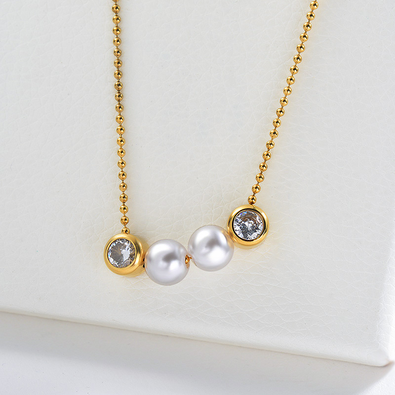 Stainless Steel Beaded Necklace Pearl Clear Zircon Charm Gold Necklace