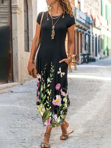 Cotton-Blend Short Sleeve Crew Neck Floral-Print Dresses