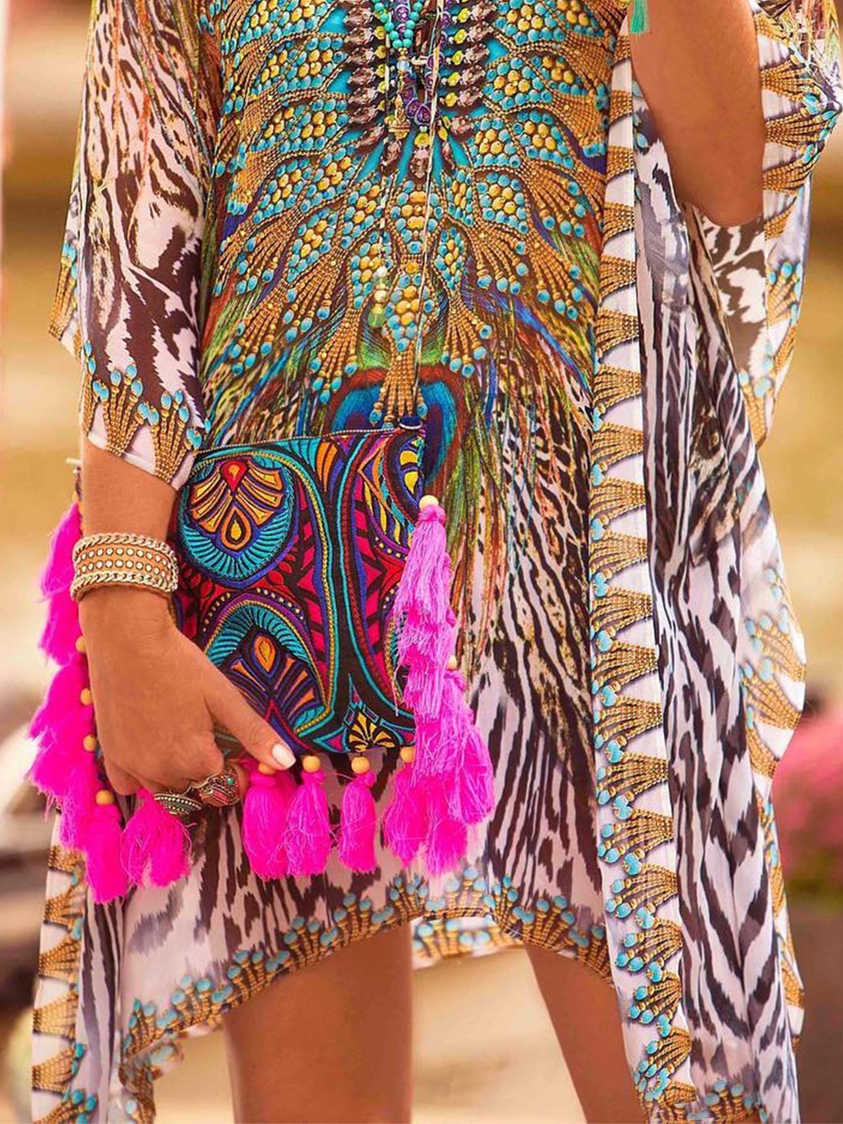 Vintage 3/4 Sleeve Batwing Boho Floral Printed V Neck Plus Size Casual Dresses