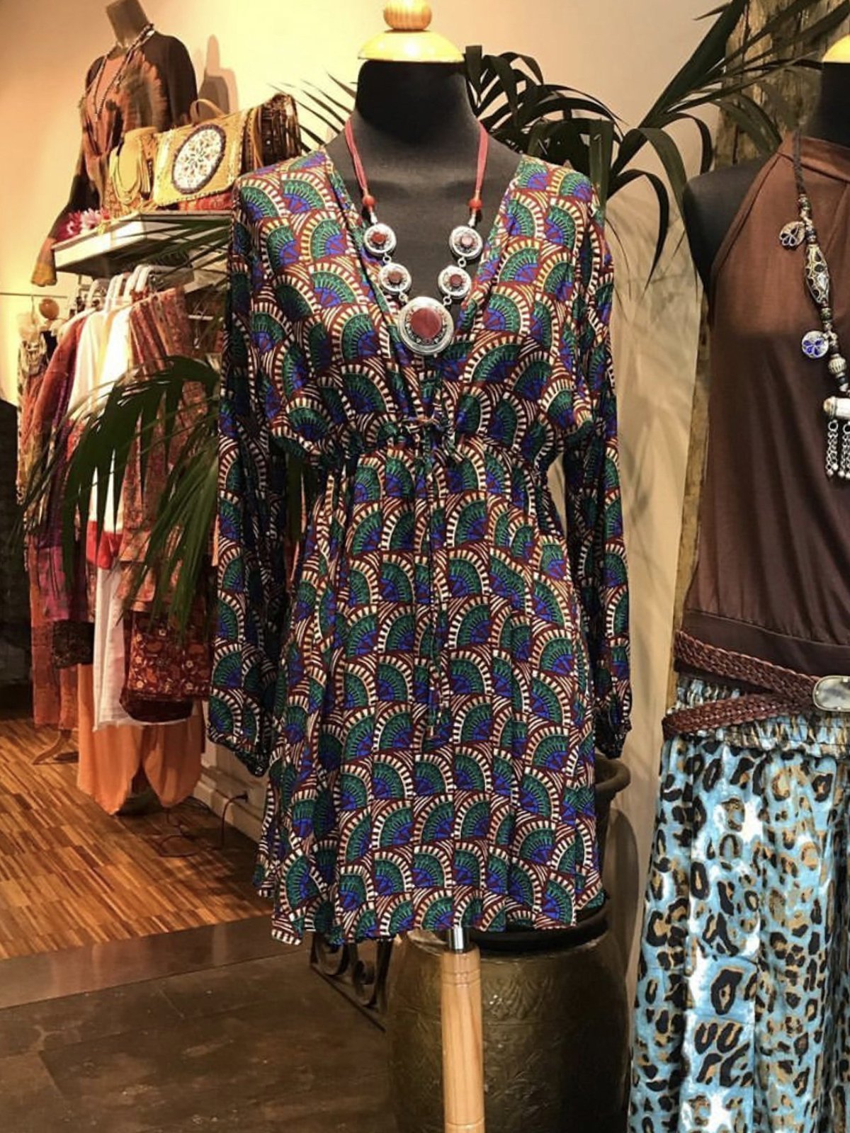 Mysterious Peacock Blue Boho Geometric Vintage Long Sleeve Dresses