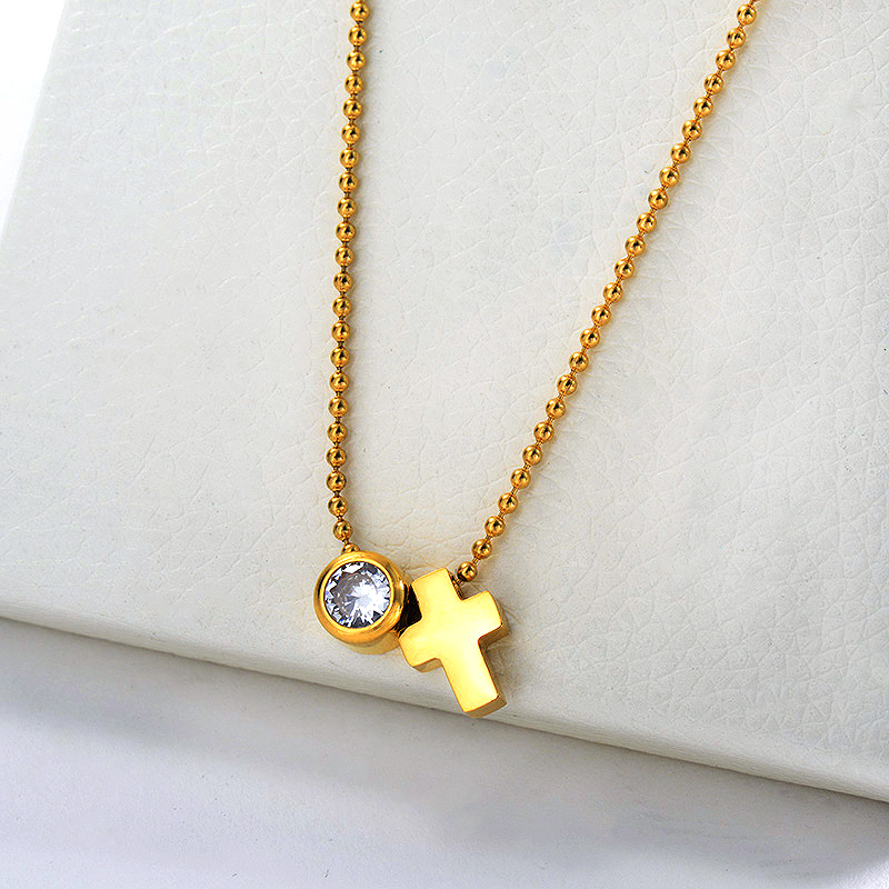 18K Gold Cross Charm Religious Jewelry With Zircon Ball Chains Necklace
