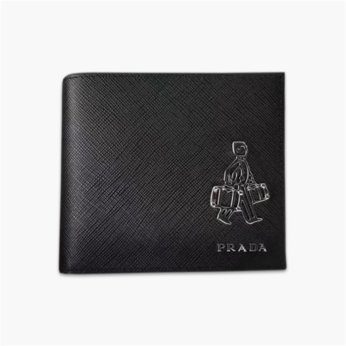 【原版皮】普拉达/Prada 短款钱夹，选用十字纹小牛皮裁制而成，边角点缀小公仔标识，经典之作，简单时尚，款号：2M0513