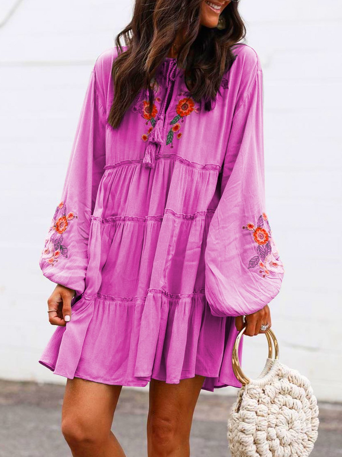 Plus Size Long Sleeve  Floral  Tassel Charm  Elegant Casual  Mini  Dresses