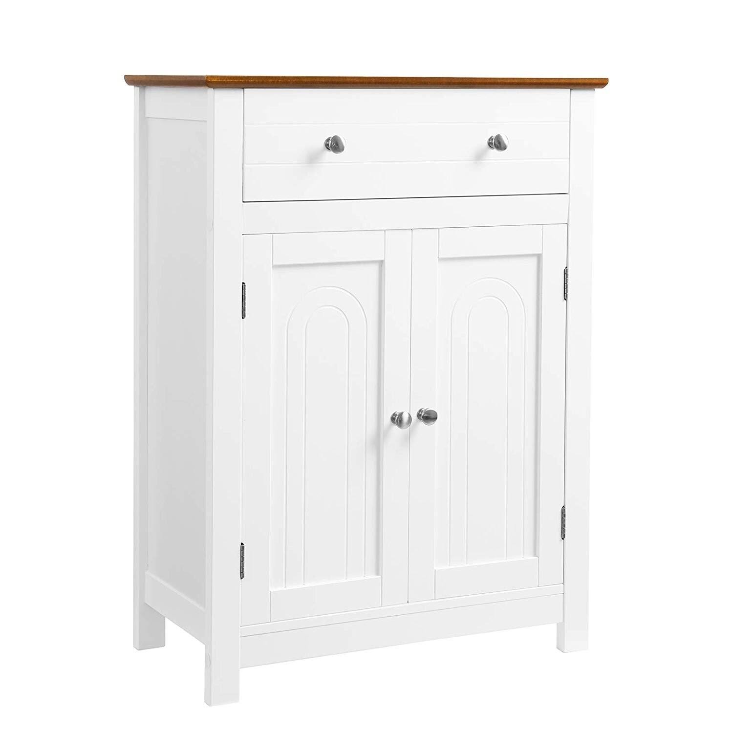 Benjara Plank Style Bathroom Cabinet with 1 Drawer and 2 Doors, White and Brown