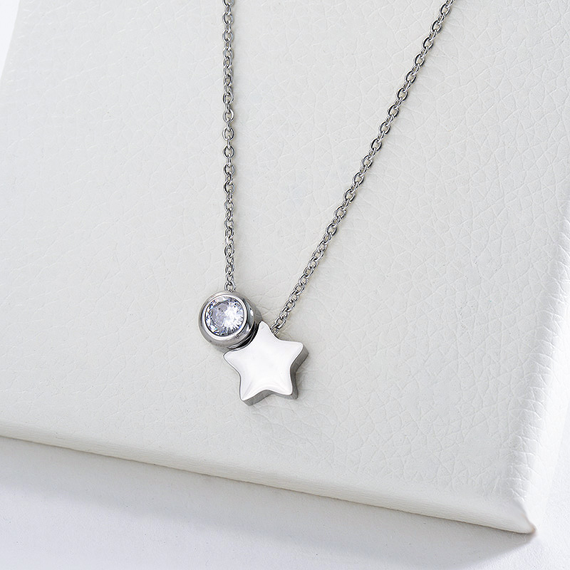 Fashion Silver Star Charm With Clear Zircon Charm Necklace For Women