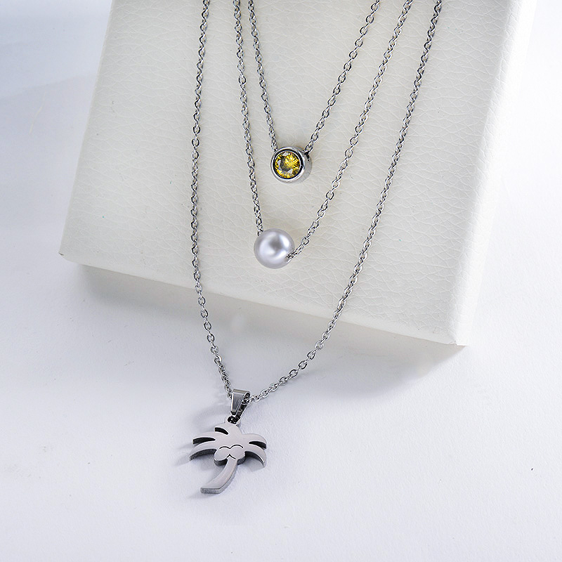 Silver Stainless Steel Coconut Tree With Pearl Layer Necklace Beach Jewelry