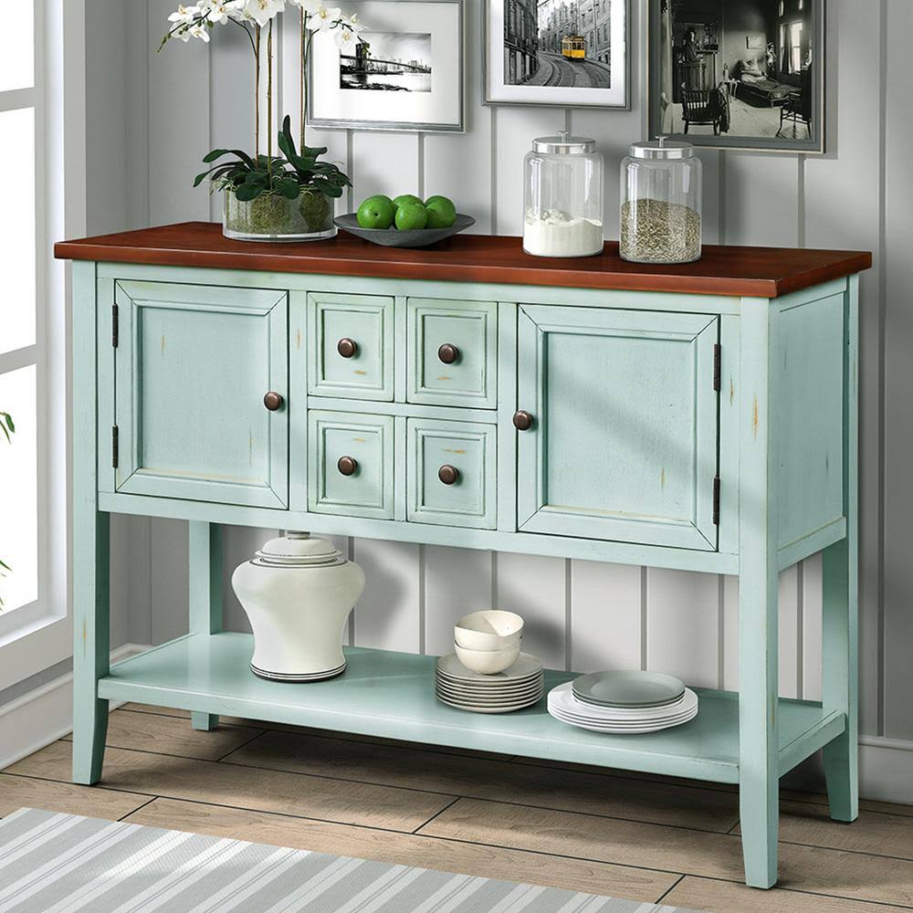 Qualfurn 46 in. Rectangle Retro Blue Wood Console Table with 4-Storage Drawers and 2-Cabinets