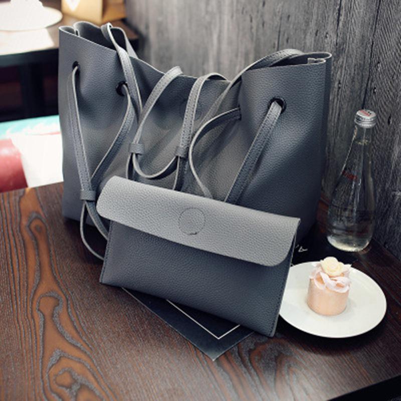 Women 2PCS High Capacity  PU Shoulder Bag with Mini Clutch Purse
