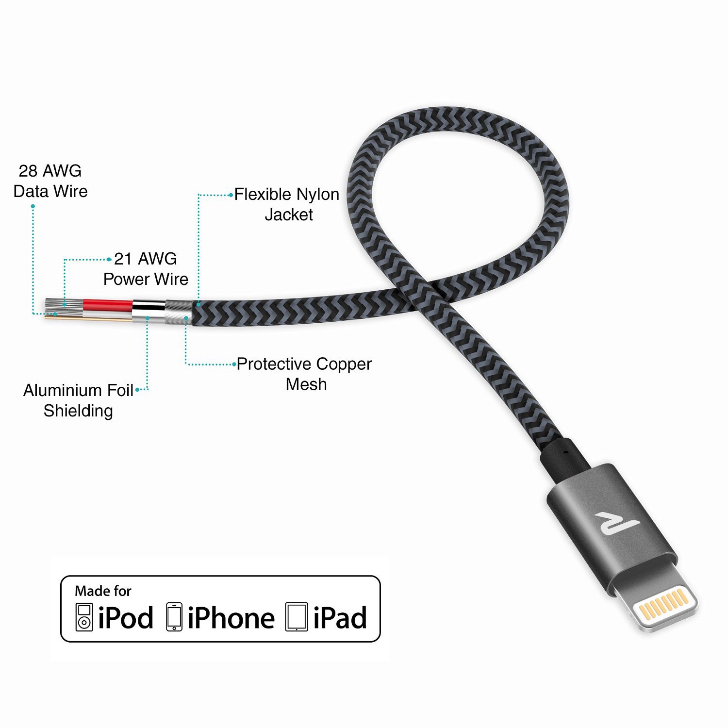 Rampow RAMPOW03 - Lightning Cable, Cable de Nylon para Apple iPhone 7 / 7 Plus / 6 / 6 / 6 Plus / 6s Plus / 5s / 5c / 5, Gris Espacial, 1m