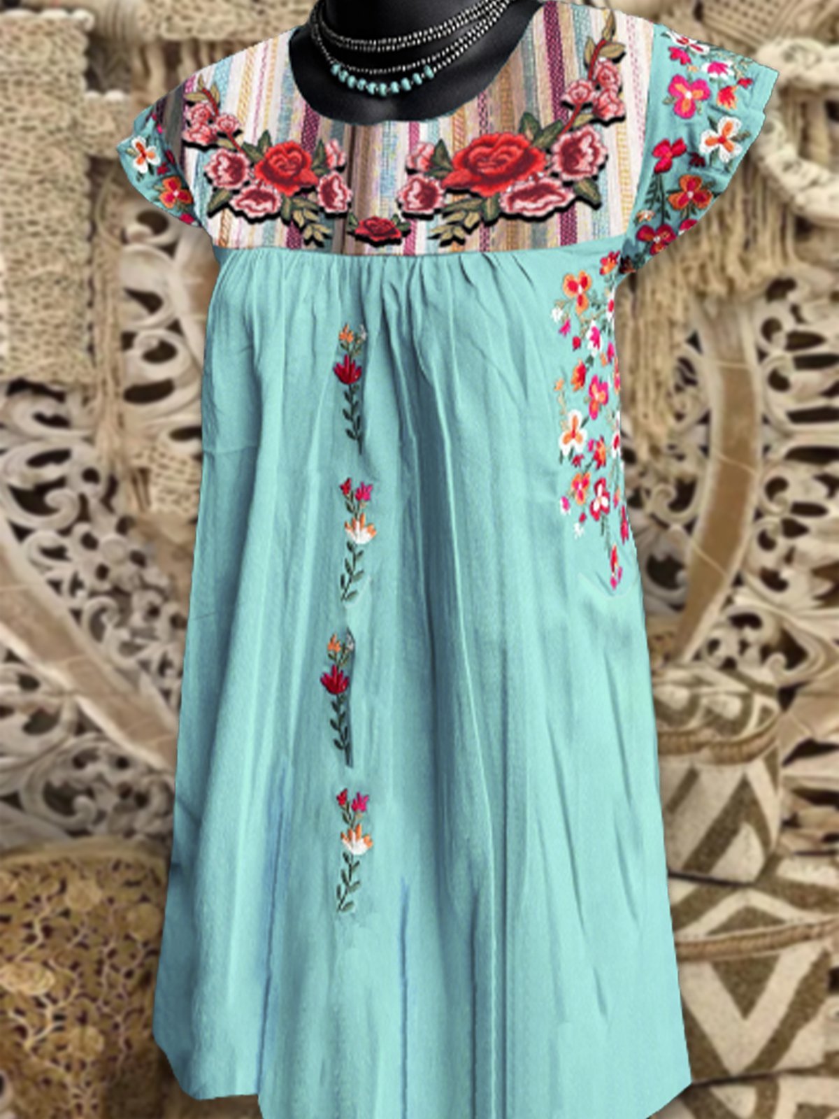 Floral A-Line Short Sleeve Crew Neck Dresses
