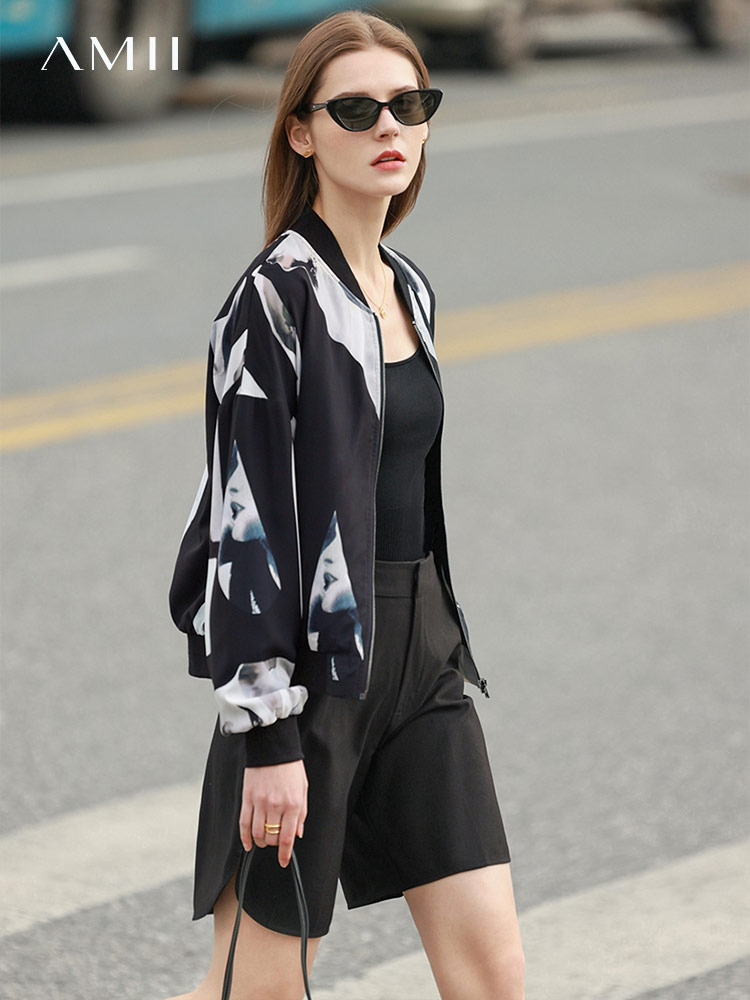 测试收藏次数weight Amii Minimalism Spring Women Jacket Casual Printed Short Jackets Loose Zipper Streetwear Coats Ladies Female Outerwear 12240073