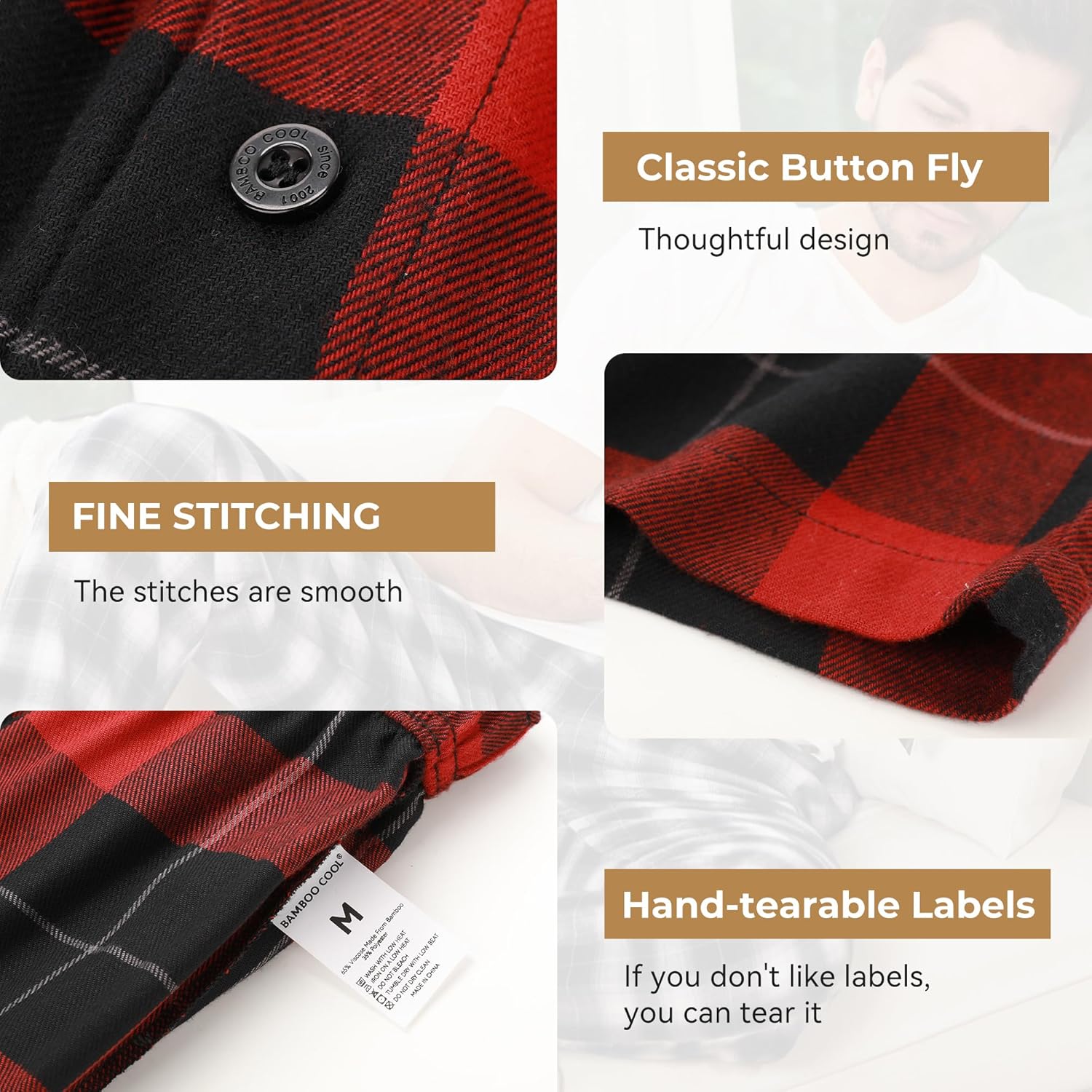 BAMBOO COOL Men's Pajama Bottoms Plaid Pajamas Pants for Men Soft Long Lounge Woven Pj Sleep Pant with Pockets