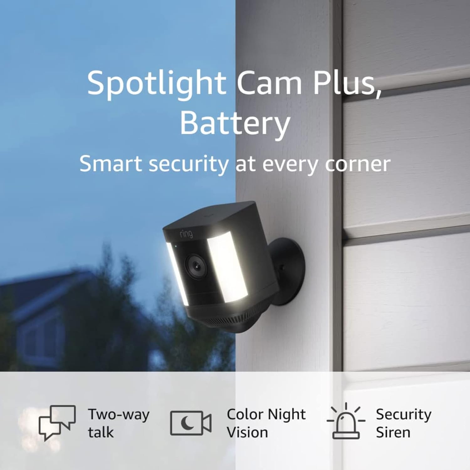 Ring Spotlight Cam Plus, Battery | Two-Way Talk, Color Night Vision, and Security Siren (2022 release) - White