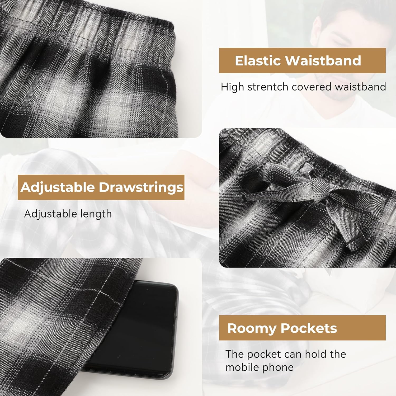 BAMBOO COOL Men's Pajama Bottoms Plaid Pajamas Pants for Men Soft Long Lounge Woven Pj Sleep Pant with Pockets