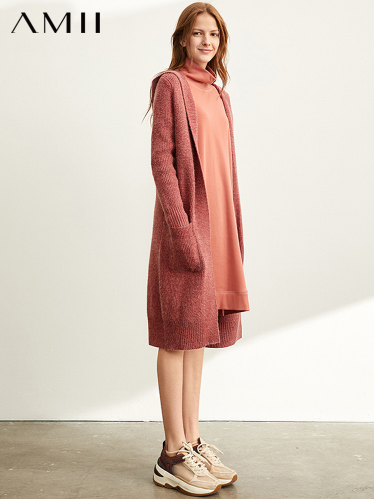 Amii Minimalism Spring Lazy Sweater Coat Women Fashion New Loose Hat Long Knitted Female Cardigan Tops  11940475
