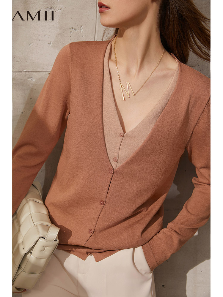 复制复制dan Amii Minimalism Spring New Cardigan For Women Fashion Vneck Patchwork Single Breasted Women's Sweaters Tops 12140131