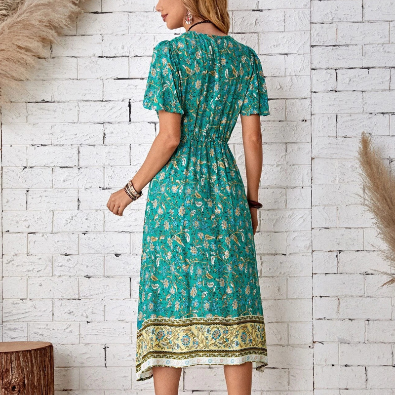 Summer Women Boho Floral Printed A Line Dress Chic V Neck Butterfly Short Sleeve Beach Dress Ladies Casual Sundress