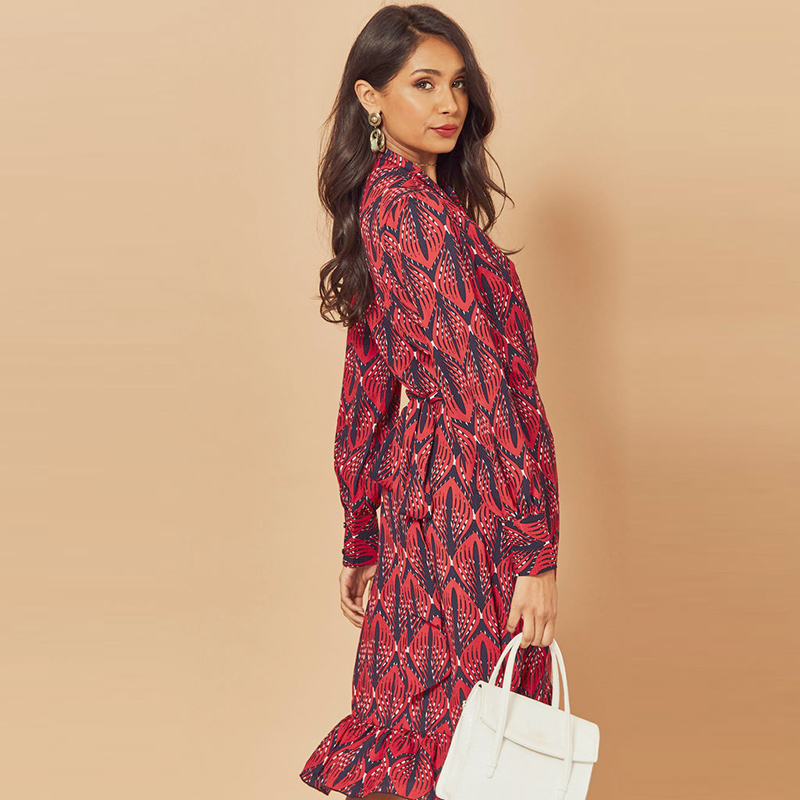 2020 New Women Print Ruffle Dress Spring Autumn Lantern Long Sleeve V Neck Midi Dresses Causal Sashes Ladies Irregular Hem Dress