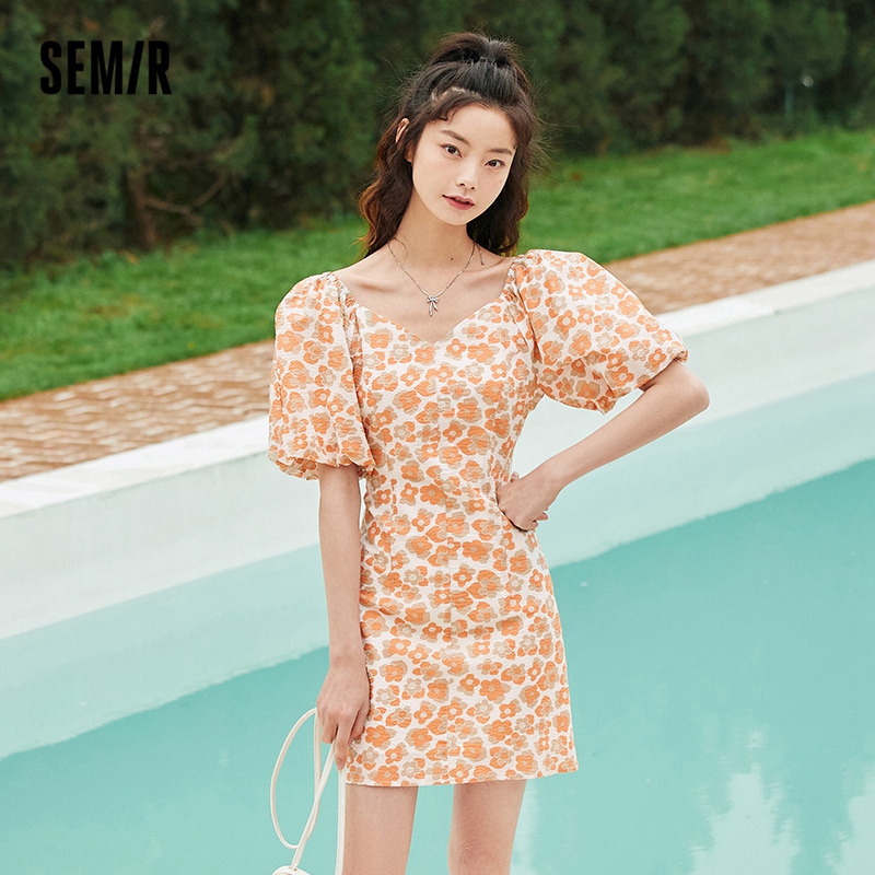 two dan SEMIR Dress Women Puff Sleeves V-Neck Short Dress Romantic 2022 Summer New Yellow Texture Floral Dresses French Style