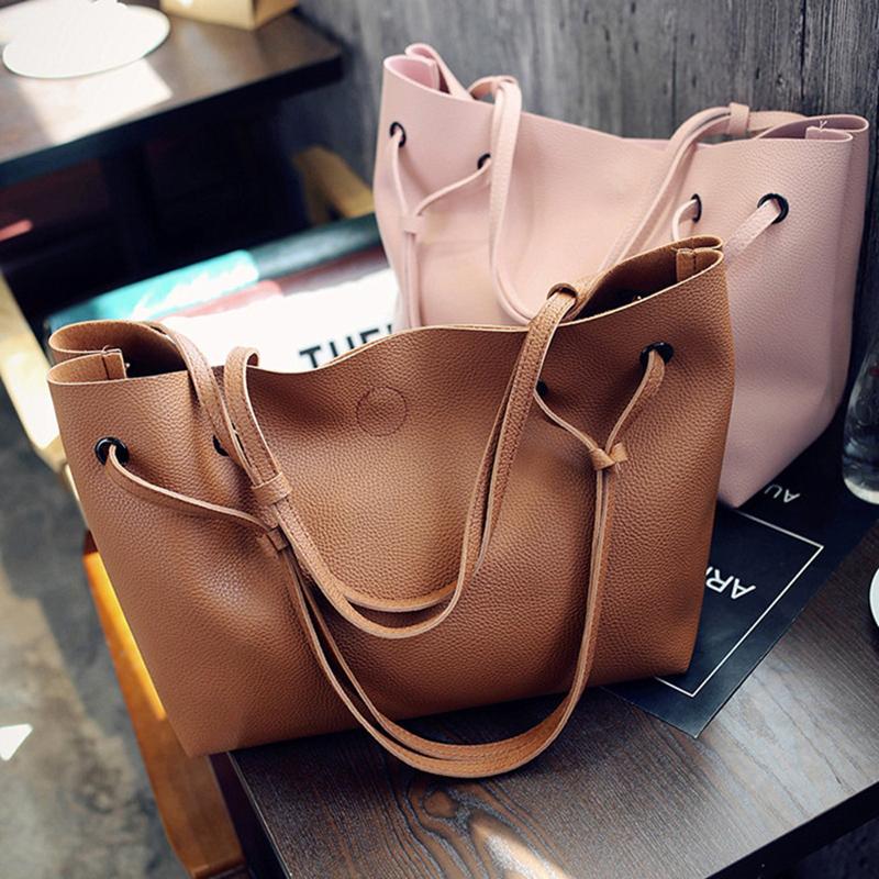 Women 2PCS High Capacity  PU Shoulder Bag with Mini Clutch Purse