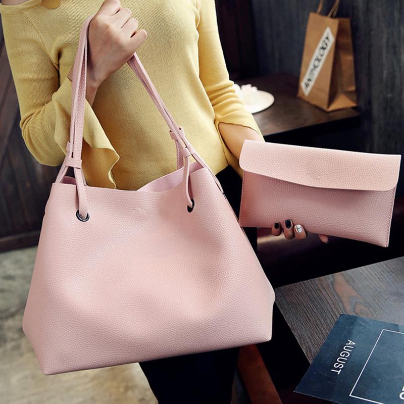 Women 2PCS High Capacity  PU Shoulder Bag with Mini Clutch Purse