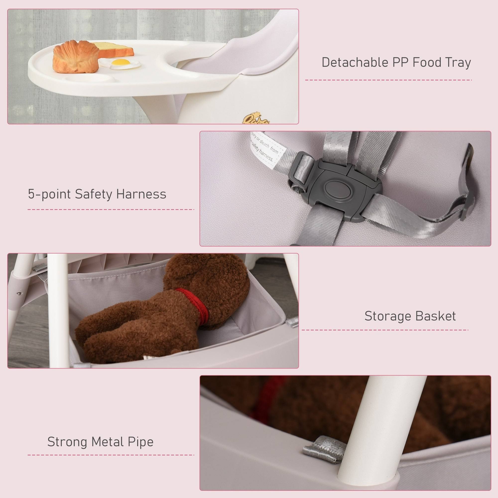 Qaba Baby High Chair 3-in-1 Kids Toddler Seat with 5-Point Safety Harness, Removable Food Tray, Flexible Design - Pink