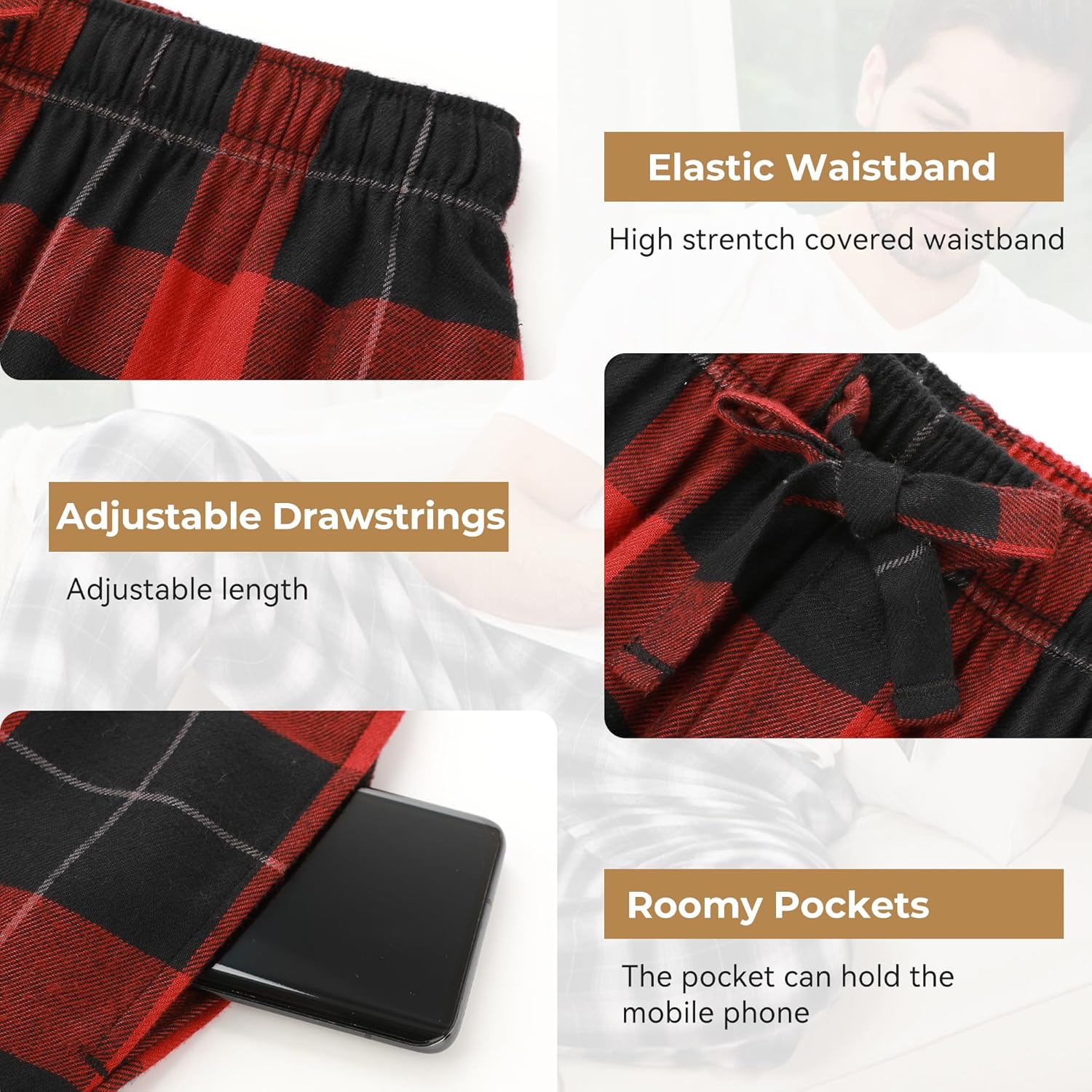 BAMBOO COOL Men's Pajama Bottoms Plaid Pajamas Pants for Men Soft Long Lounge Woven Pj Sleep Pant with Pockets