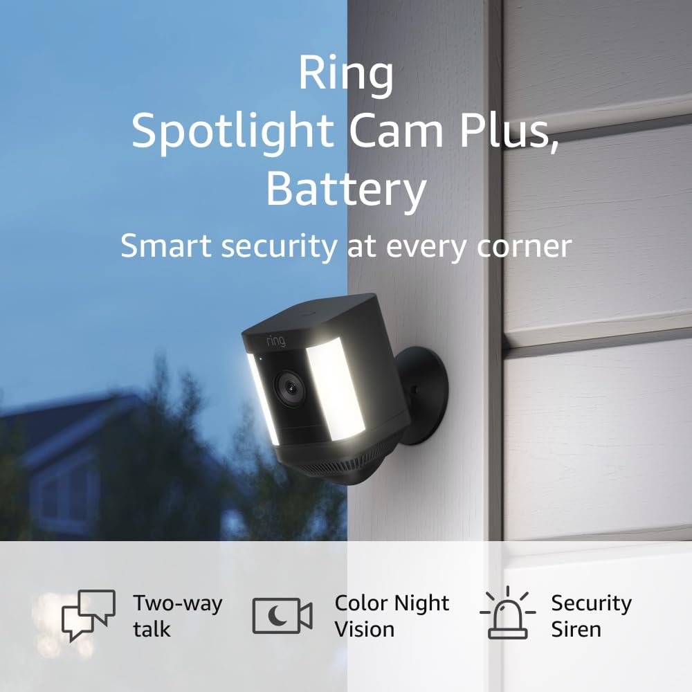 Ring Spotlight Cam Plus, Battery | Two-Way Talk, Color Night Vision, and Security Siren (2022 release) - White